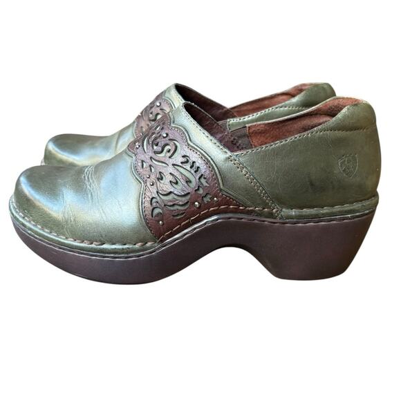 Ariat Olive Green Tambour Leather Studded Cutout Platform Slip on Clogs -  8 - Picture 1 of 13